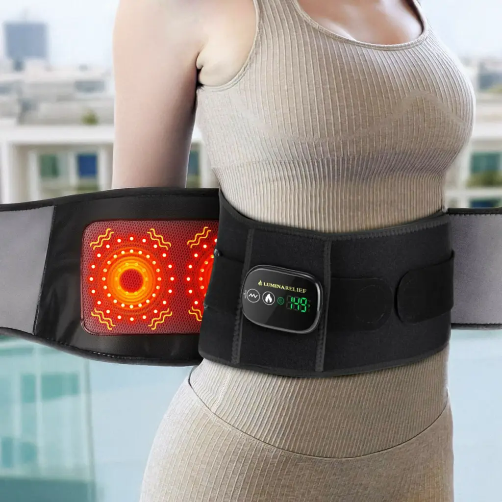 Lady model wearing LuminaRelief Cordless Heating Pad product